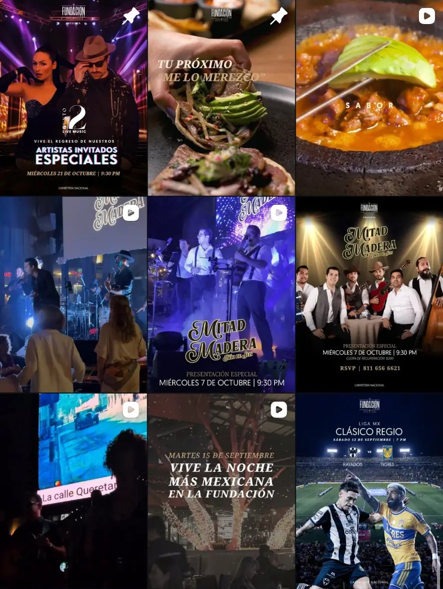 Nine posts from the La Fundación 1596 Instagram feed: live music events, gastronomy and football night promotions