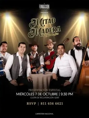 La Fundación 1596 live music poster for Mitad Madera, special presentation on Wednesday, October 7, 9:30 PM